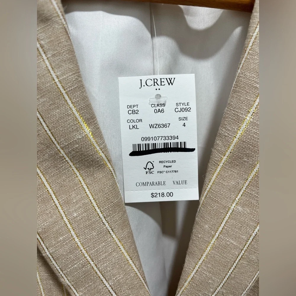 J. Crew Pinstripe linen-blend schoolboy blazer in Light Khaki Lurex Stripe 4 NEW - Picture 11 of 11